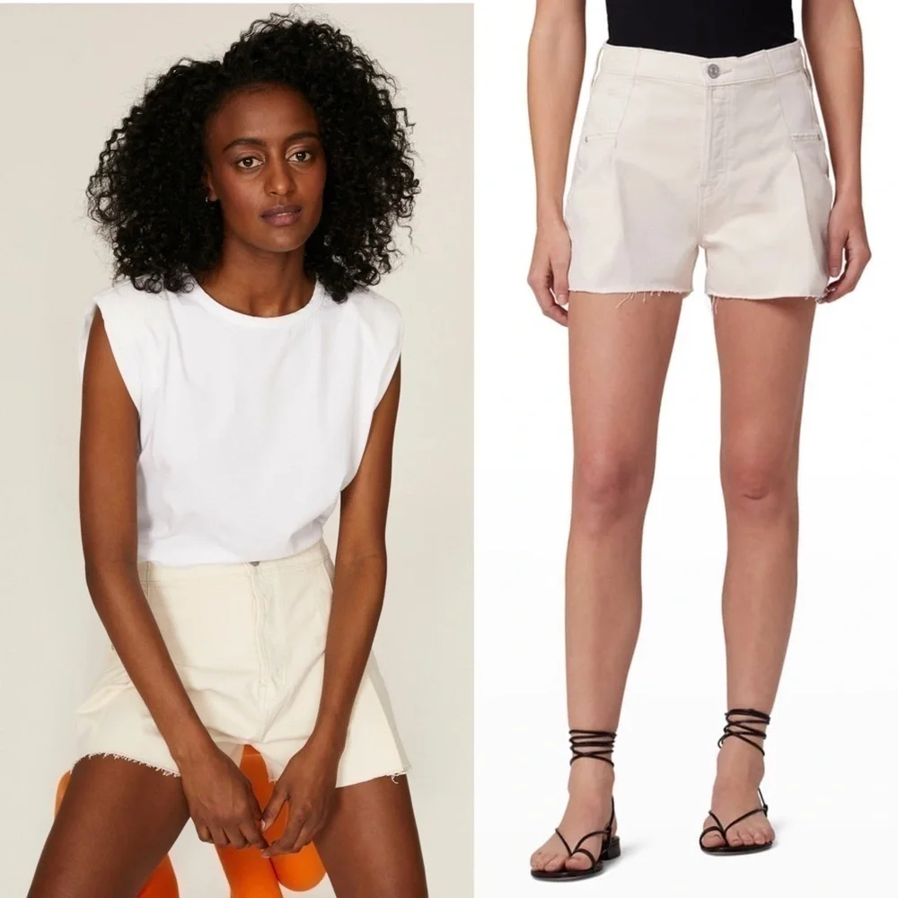 HUDSON 90s Pleated‎ Beige Denim High Waist Frayed Raw Hem Cutoff Jean Shorts 28